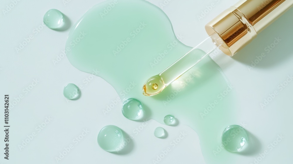 Closeup of Green skincare,A drop of transparent cosmetic gel on a green background,product liquid bubble,serum drops scattered ,Collagen gel,Aloe Vera cosmetic gel,The concept of natural cosmetics. Closeup of Green skincare,A drop of transparent cosmetic gel on a green background,product liquid bubble,serum drops scattered ,Collagen gel,Aloe Vera cosmetic gel,The concept of natural cosmetics.