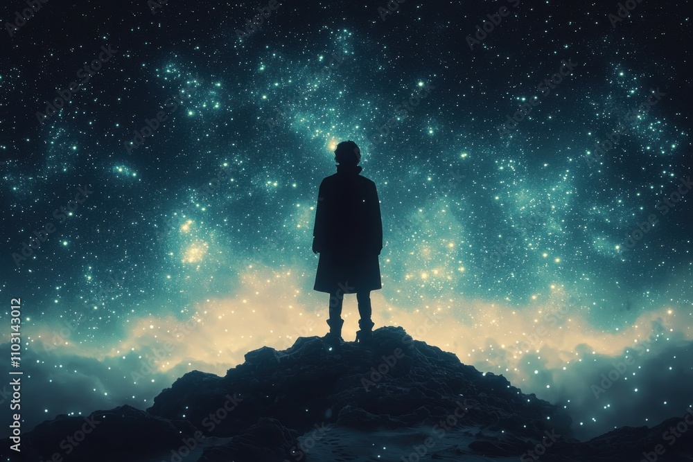 Solitary Figure Gazing at Starry Night Sky Mystical Landscape Solitary Figure Gazing at Starry Night Sky Mystical Landscape