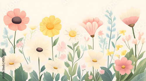 A sweet illustration of cute cartoon flowers with delicate features and pastel shades 