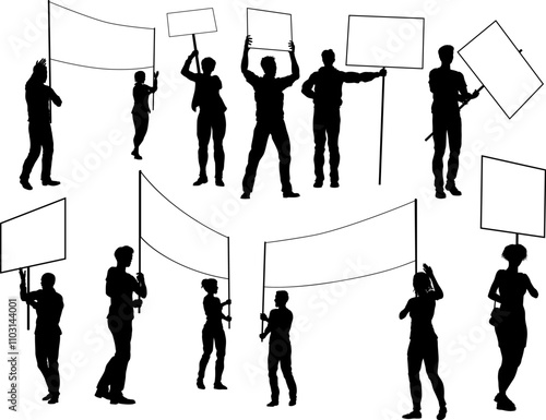 Protestors or demonstrators men and women. At a demonstration march, picketing line or strike protest rally in silhouette. Holding banners, picket signs and megaphone or mega phone.