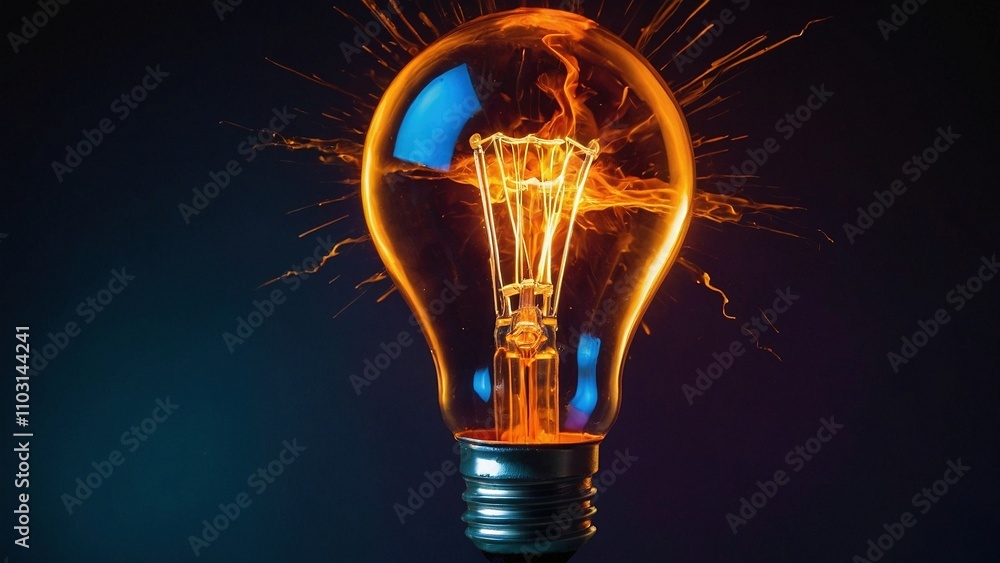 Colorful energy burst of a glowing glass lightbulb against a dark background. Vibrant new idea, innovation, invention symbol illustration concept. Colorful energy burst of a glowing glass lightbulb against a dark background. Vibrant new idea, innovation, invention symbol illustration concept.