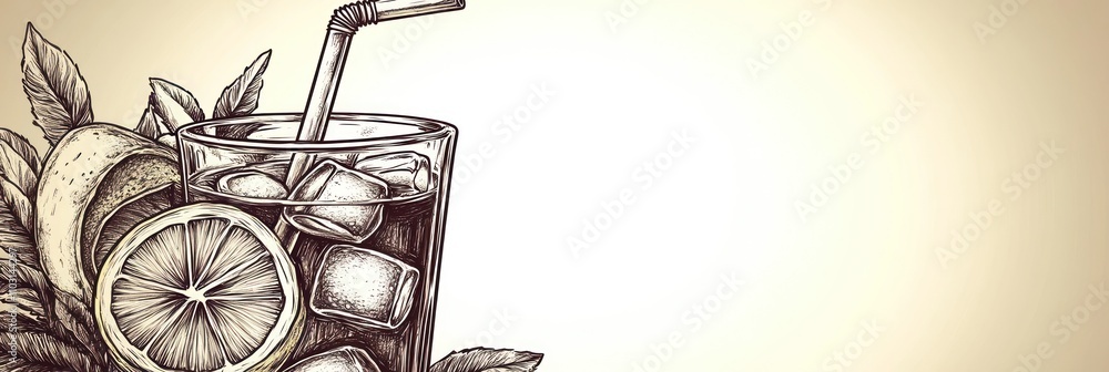 A sketch of a refreshing drink with lemon slices and ice. A sketch of a refreshing drink with lemon slices and ice.
