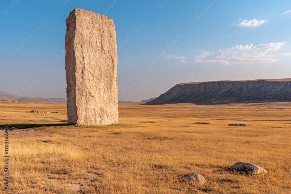 Fototapeta premium Ancient stone monolith standing alone in vast prairie landscape. Historic monument on golden grassland with mountain ridge backdrop. Desert archaeological site at sunset with copy space