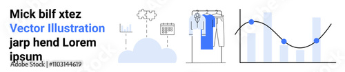 Cloud with uploaddownload arrows, clothing rack with tags, and financial graph with line chart and bar graph. Ideal for technology, e-commerce, retail, finance, data analytics, business strategy