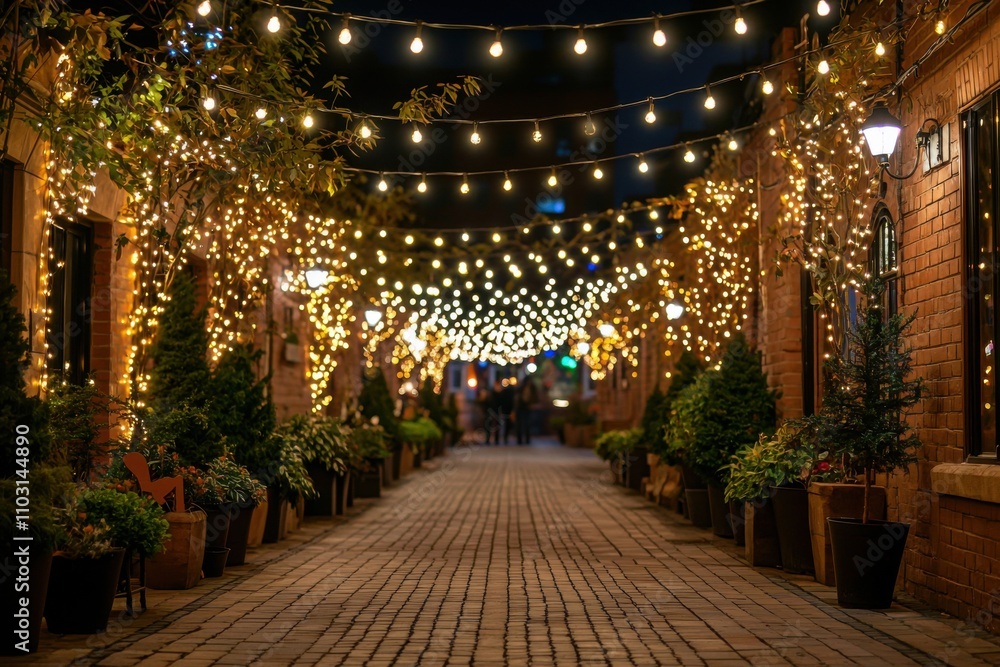 Festive Night Street Cozy Christmas Lights Brick Buildings Holiday Decor Winter Wonderland Festive Night Street Cozy Christmas Lights Brick Buildings Holiday Decor Winter Wonderland