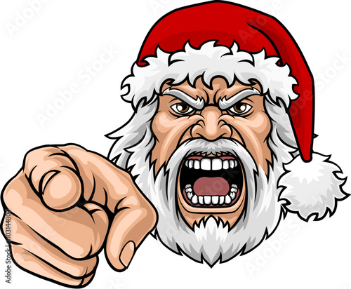 An angry Santa Claus father Christmas cartoon character mascot pointing