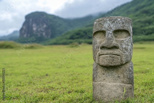 Ancient stone Moai statue on Easter Island with green hills and dramatic cloudy sky. Traditional Polynesian archaeological monument in natural landscape with copy space