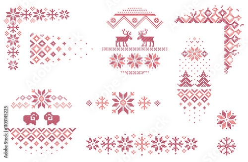 Red knitted pattern design line for christmas or winter season with different corner, divider and frame elements