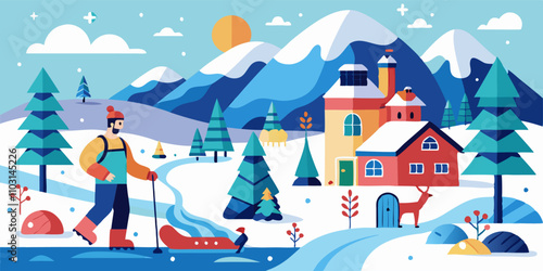Winter adventure landscape with hot air balloon and snow-capped mountains for travel posters