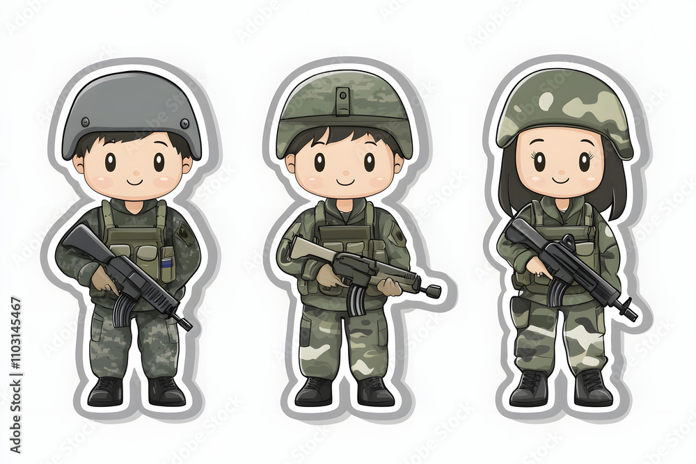 Cute Military Stickers in Vector Illustration Style Cute Military Stickers in Vector Illustration Style