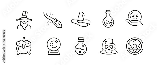 Magic icons. Set of 10 magic trendy minimal icons. Examples: Crystal Ball, Magic Wand, Rabbit in Hat, Tarot Cards icon. Design signs for web page, mobile app, packaging design. Vector illustration.