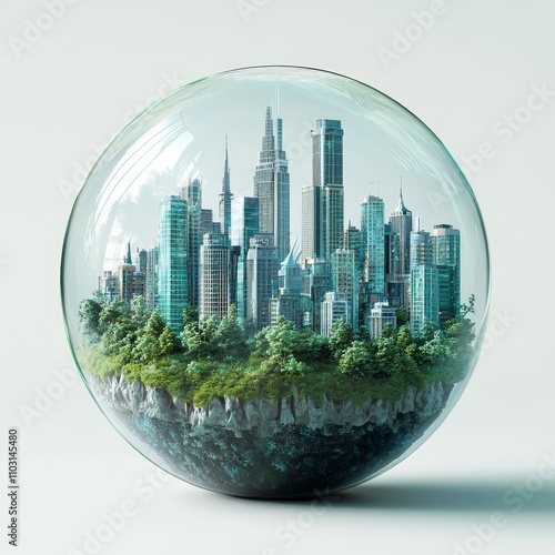 Urban Oasis Encapsulated in a Glass Sphere Showcasing Harmony Between Nature and Modern Architecture in a Futuristic Cityscape #1103145480