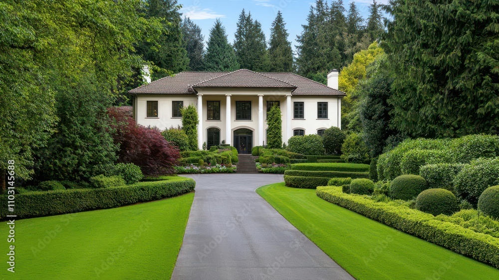 Grand manor house on a hill, with manicured gardens and a long driveway lined with trees manor house, elegant estate Grand manor house on a hill, with manicured gardens and a long driveway lined with trees manor house, elegant estate
