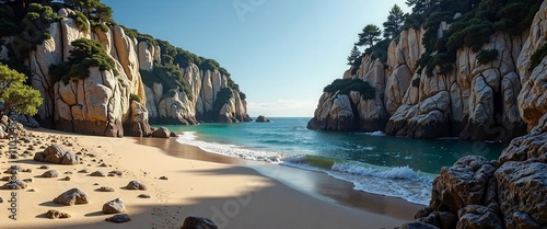 A beach with a rocky shoreline and a rocky cliff. The ocean is calm and the sky is clear