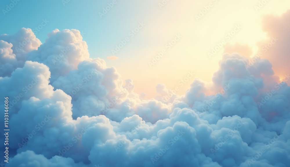 Soft fluffy clouds against a bright blue sky at sunrise with warm light Soft fluffy clouds against a bright blue sky at sunrise with warm light