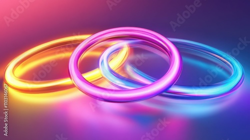 Set of neon-colored rings in gradient background, bright and reflective, futuristic and abstract, vibrant colors, playful and modern digital art, eye-catching