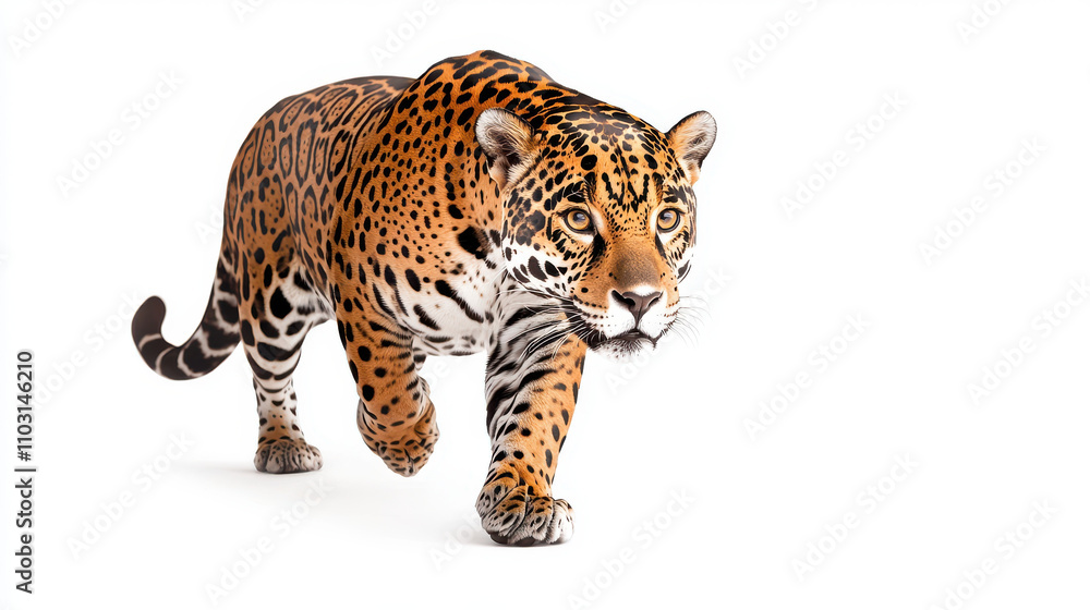Fototapeta premium beautiful jaguar walking towards camera against white background, showcasing its striking coat and powerful presence. This majestic animal embodies grace and strength