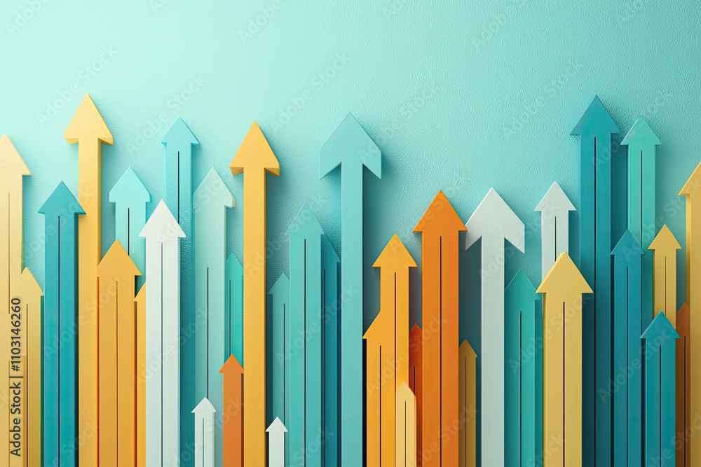 Colorful arrows pointing upwards on teal background Colorful arrows pointing upwards on teal background