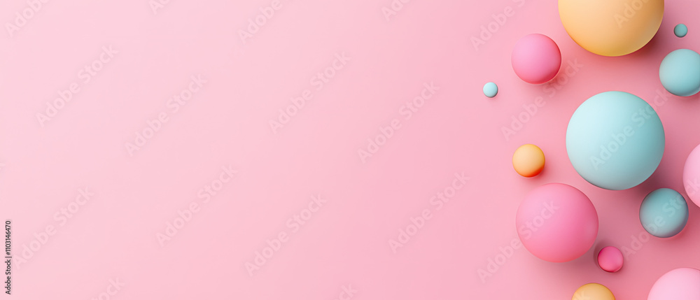 Colorful spheres on soft pink background create playful scene Colorful spheres on soft pink background create playful scene