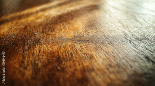 A macro photograph of a scratch on the desk surface, focusing on the wood grain and the wear, with the surrounding area softly blurred.