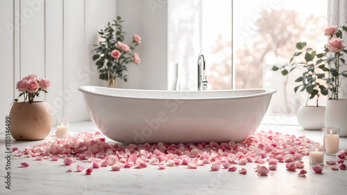 A luxurious bubble bath is filled with rose petals in a tranquil bathroom illuminated by soft candlelight