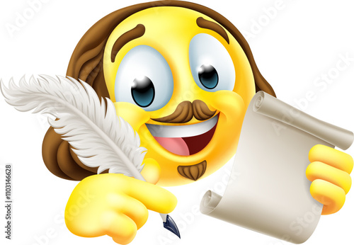 A Shakespeare poet writer emoticon emoji cartoon face icon holding a paper scroll and a quill feather pen