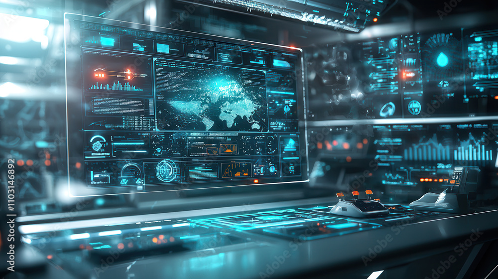 futuristic control room with advanced technology and data displays, showcasing user identity data and analytics. atmosphere is high tech and immersive futuristic control room with advanced technology and data displays, showcasing user identity data and analytics. atmosphere is high tech and immersive