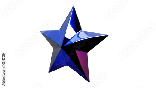 Glossy, five-pointed star with blue, purple, and black hues, reflecting light transparent background