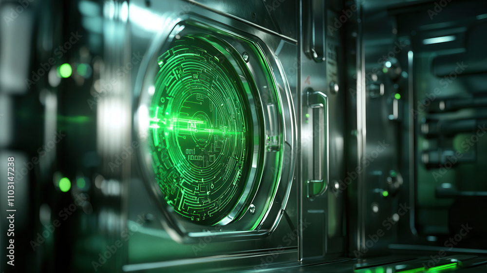 futuristic vault featuring biometric access panels with glowing green circuitry, showcasing advanced technology and security features futuristic vault featuring biometric access panels with glowing green circuitry, showcasing advanced technology and security features