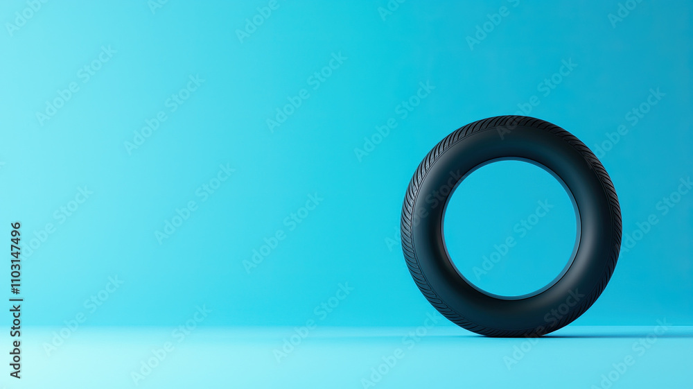 Black tire on turquoise background, minimalistic design Black tire on turquoise background, minimalistic design
