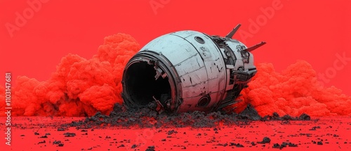 Futuristic Space Capsule Ruin Surrounded by Vibrant Red Smoke