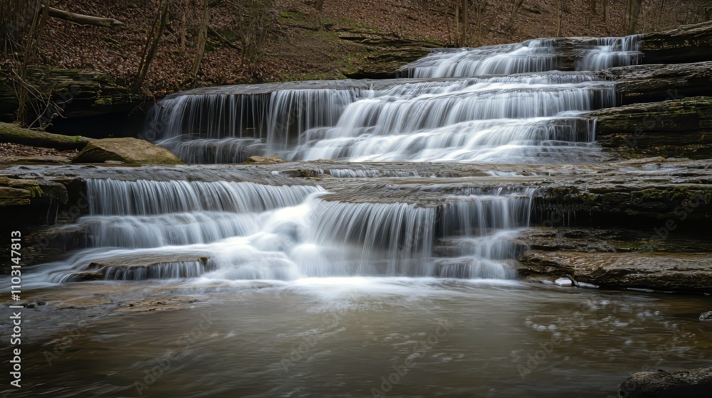 Obraz premium Cascading Waterfall in a Tranquil Forest Setting