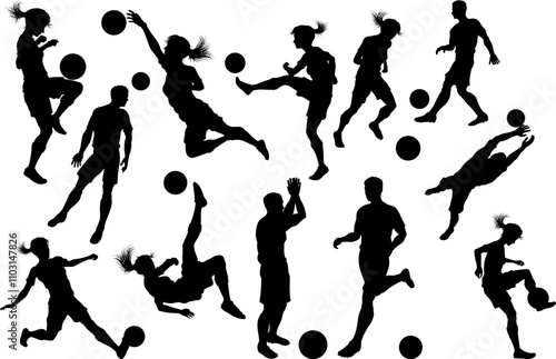 Soccer football player male and female silhouette men and women set