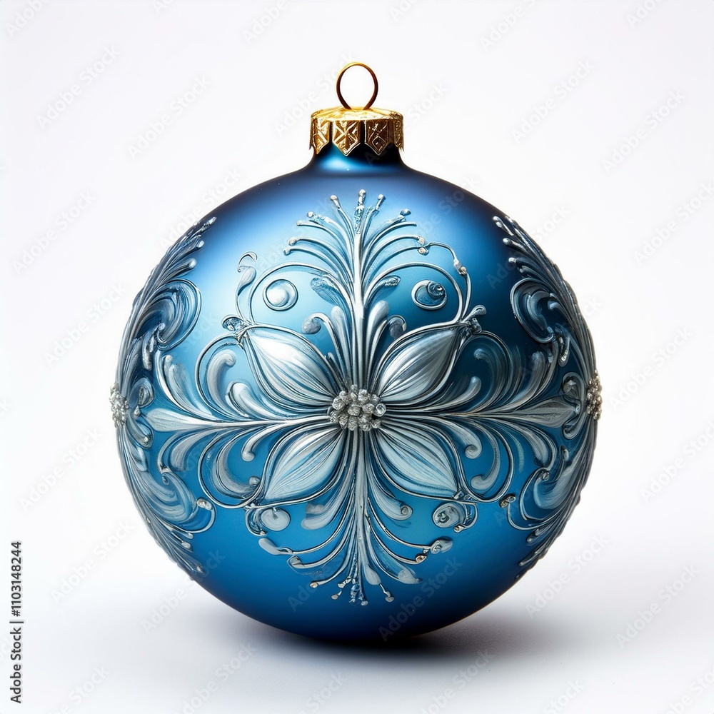 Fototapeta premium Isolated blue decorated Christmas bauble on a white background, square illustration 
