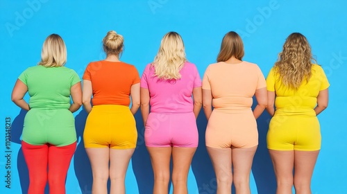 Diverse women in colorful summer outfits shown from behind. Body positivity and size inclusivity concept. Fashion diversity lifestyle composition with bright clothes. With copy space photo