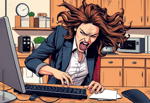 Young businesswoman working from home using laptop, she has serious problems and she is furious, remote work concept for women