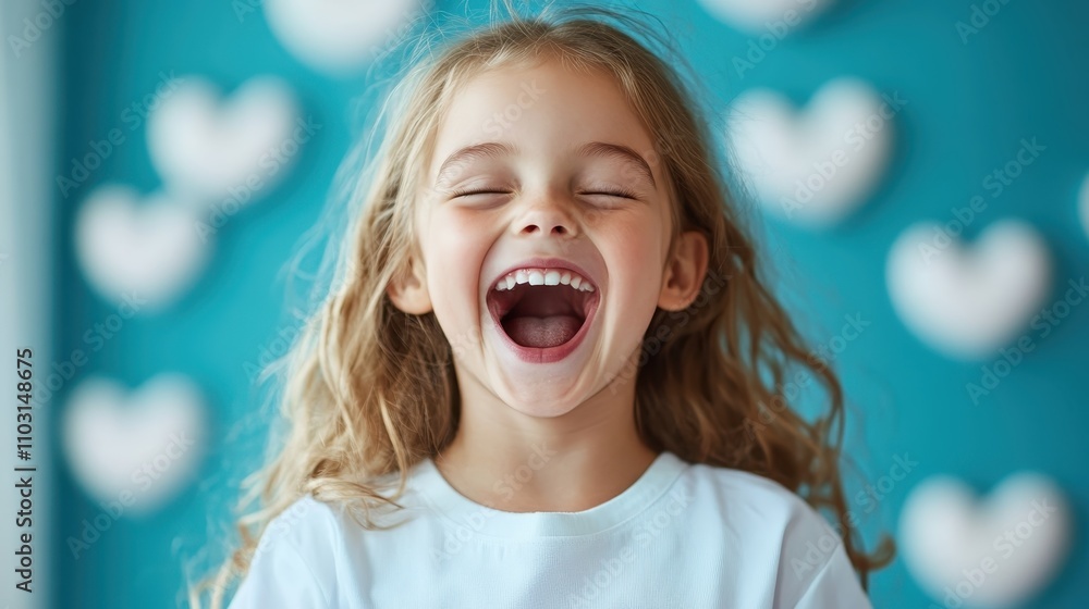 An excited girl wearing a white shirt with open mouth, laughing heartily, her eyes filled with delight, set against a background of soft hearts, radiating happiness.