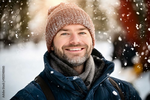 Happy fisherman bundled up in warm clothing is smiling while ice fishing on a frozen lake in winter