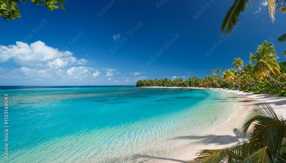 Naklejka premium Beautiful tropical beach with palm trees, sunset beach seascape, design template for travel banner.