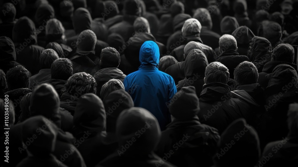 Obraz premium Blue silhouette of couple standing in monochrome crowd of different people,surreal unique and different concept,loneliness in society,shadow,freedom,Love,be yourself,Stand out from the crowd.