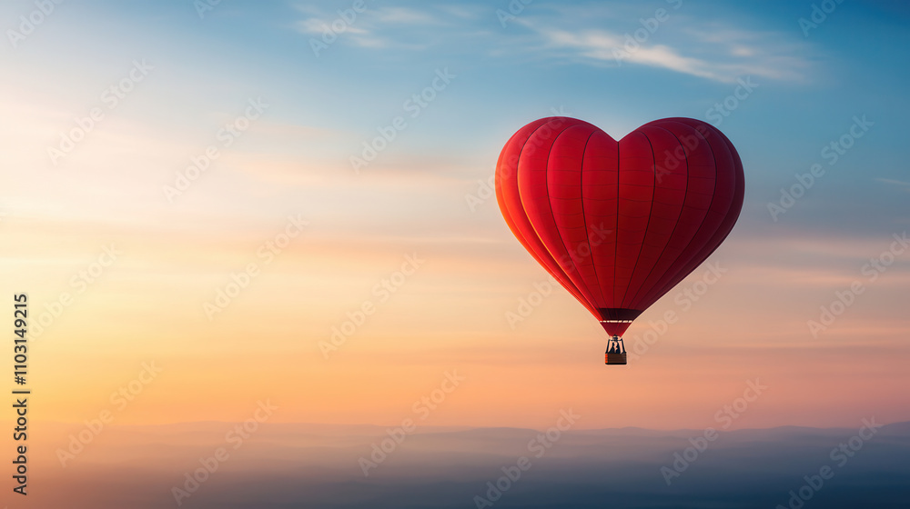 Obraz premium heart shaped hot air balloon floats gracefully in sky at sunset, creating romantic and dreamy atmosphere