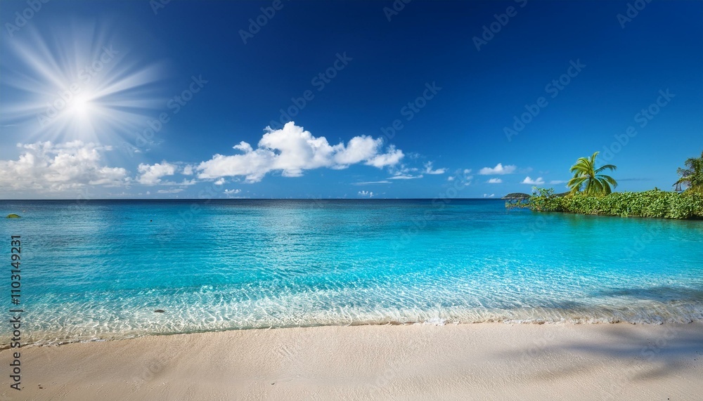 Fototapeta premium Beautiful tropical beach with palm trees, sunset beach seascape, design template for travel banner.