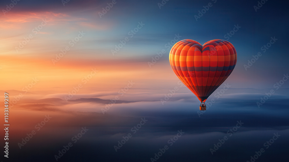 Fototapeta premium heart shaped hot air balloon floats gracefully in sky at sunset, surrounded by soft clouds and vibrant colors, evoking sense of romance and adventure