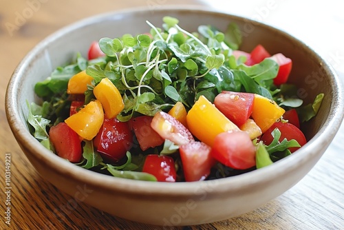 Vibrant arugula salad with fresh tomatoes and yellow peppers