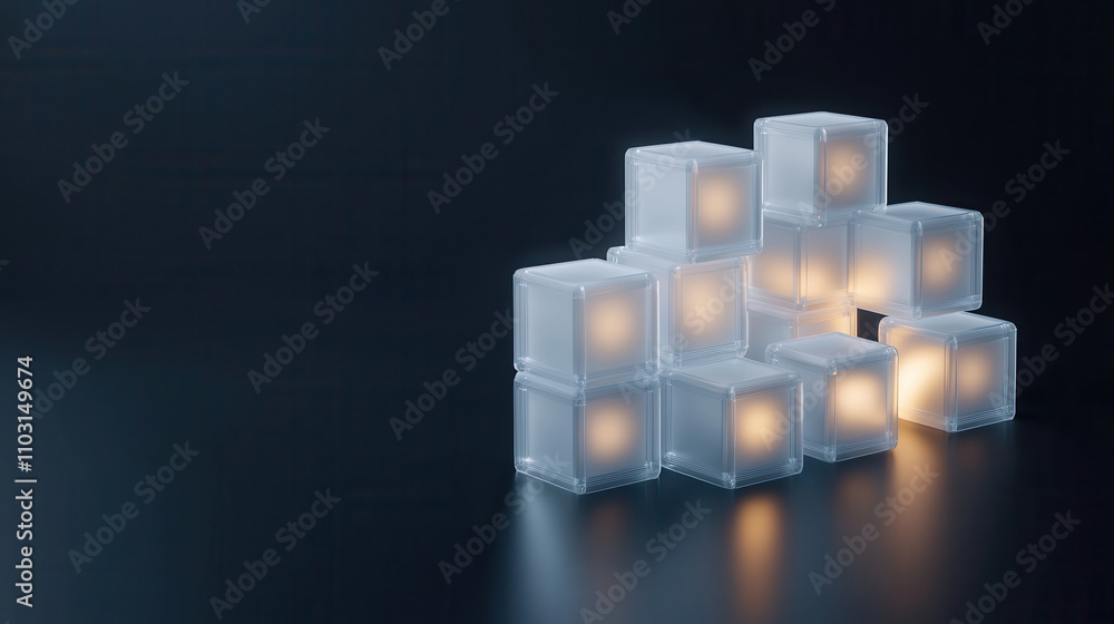 minimalist 3D representation of illuminated blocks creating unique design. soft glow adds modern touch to composition, enhancing visual appeal minimalist 3D representation of illuminated blocks creating unique design. soft glow adds modern touch to composition, enhancing visual appeal