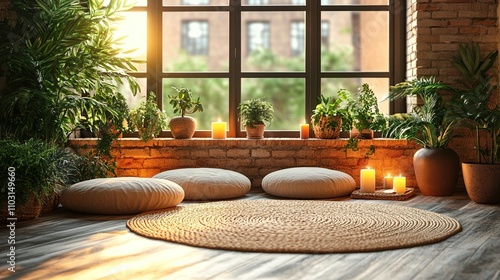 Cozy indoor space with cushions, plants, and candles, creating a serene atmosphere.