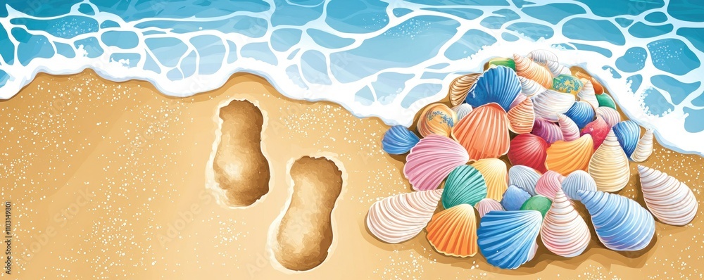 A beach scene featuring colorful seashells and footprints in the sand. A beach scene featuring colorful seashells and footprints in the sand.