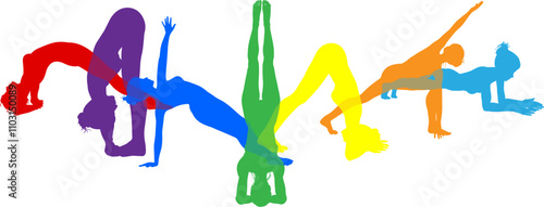 Silhouette yoga pilates women poses set. Active sports people healthy players fitness silhouettes concept.