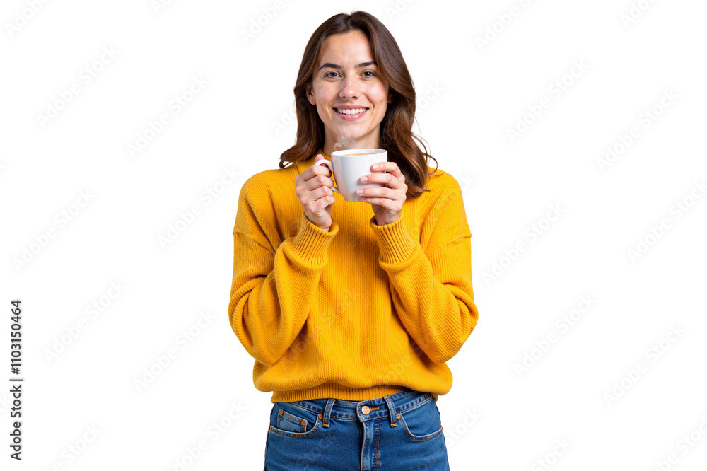 isolated portrait of a smiling young woman in a yellow sweater holding a coffee cup