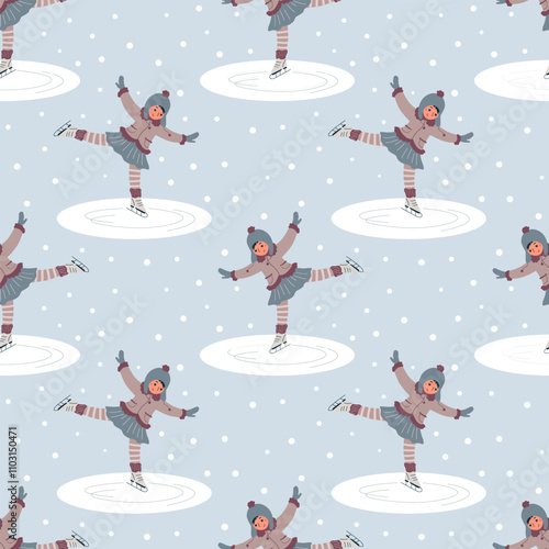 Vector seamless pattern with skating girls. Winter sport wallpaper. Repeat texture for textile.
